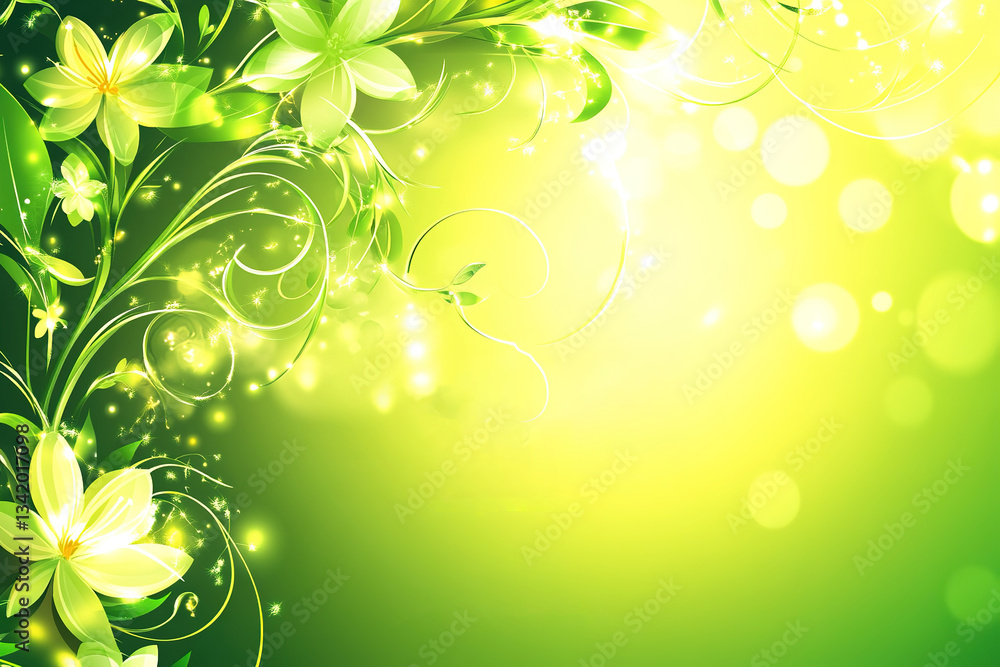 Poster luminous green and yellow floral design with swirling patterns and sparkling bokeh