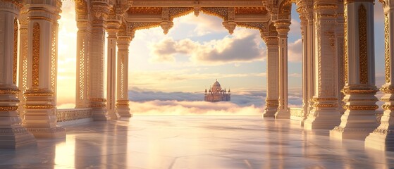Indian Palace Wedding Terrace, Ornate Golden Gateway Leading to Endless Clouds, Subtle Holi Traces. Background Frame. Copy space. Generative AI