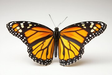 Fototapeta premium An orange and black butterfly exhibiting open wings against white backdrop