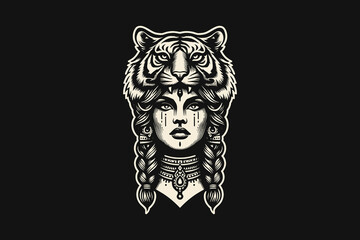 Engraved woman with tiger headdress, tribal jewelry, and braids