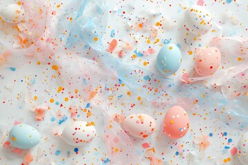 Easter Flat Lay with Eggs, Ribbons & Confetti – Pastel Holiday Background