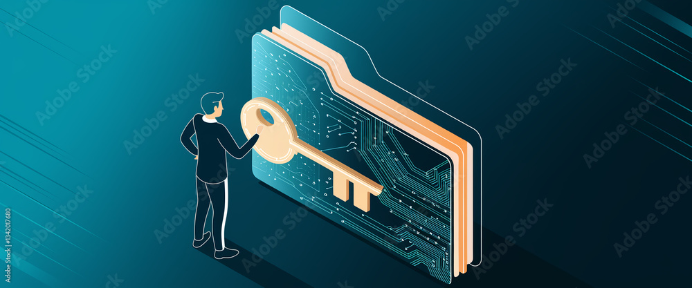 Poster isometric illustration of a businessman with a large key unlocking a digital folder, symbolizing dat