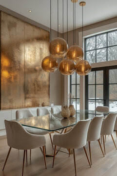 Salle &agrave; manger contemporaine avec table en verre et chaises &eacute;l&eacute;gantes, accents dor&eacute;s et mur textur&eacute;, int&eacute;rieur moderne et lumineux, mobilier &eacute;l&eacute;gant et design, ambiance sophistiqu&eacute;e et tendance