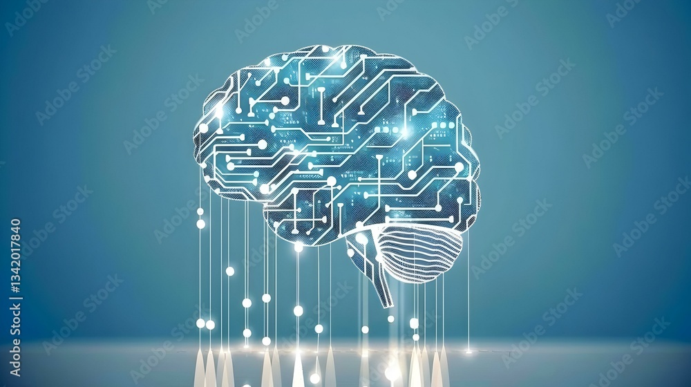 Poster abstract digital brain concept with circuit board design and glowing connections, ideal for technolo