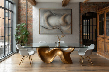 Salle &agrave; manger contemporaine avec table en verre et chaises &eacute;l&eacute;gantes, accents dor&eacute;s et mur textur&eacute;, int&eacute;rieur moderne et lumineux, mobilier &eacute;l&eacute;gant et design, ambiance sophistiqu&eacute;e et tendance
