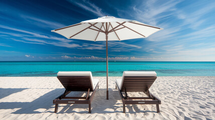 Two beach loungers under a white umbrella on a sandy beach facing a turquoise ocean under a bright blue sky, symbolizing relaxation and summer vacation