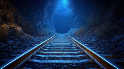 Fototapeta premium Train tracks vanish into glowing mountain tunnel