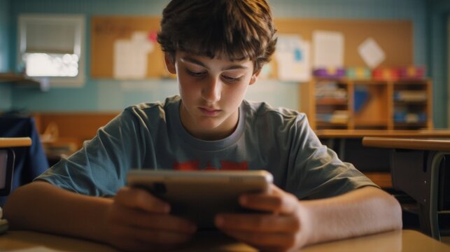 Teenager using tablet in school classroom to enhance learning with technology