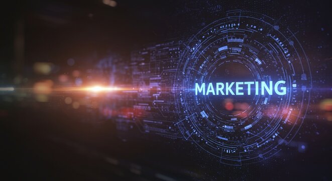 Digital Marketing Sphere: A captivating visual representation of marketing, displayed within a digital sphere, enhanced by modern technology and glowing accents.