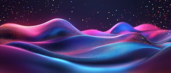 Obraz premium Abstract neon landscape with glowing particles and wavy shapes in a dark background Concept of futuristic technology, digital art, and modern design