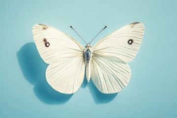 A beautiful white butterfly resting on a smooth blue background