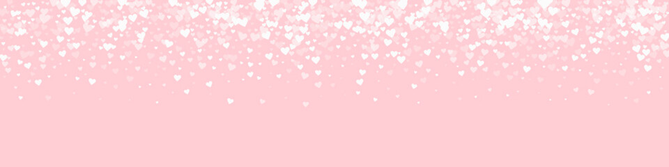 Sprinkled hearts valentine template. White hearts scattered on pink background. Festive sprinkled hearts vector illustration.