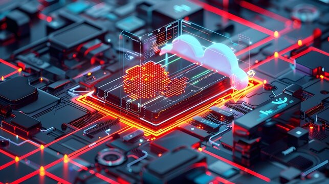 Abstract futuristic technology image depicting cloud computing, data processing, and digital transformation.  Ideal for illustrating articles, presentations, and reports on tech advancements.