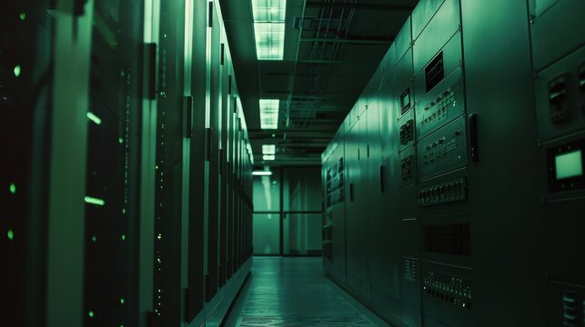 Server room showcasing rows of essential tech equipment and storage.