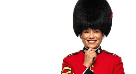 Woman Smiling Wearing Grenadier Guards Uniform and Bearskin Hat on White