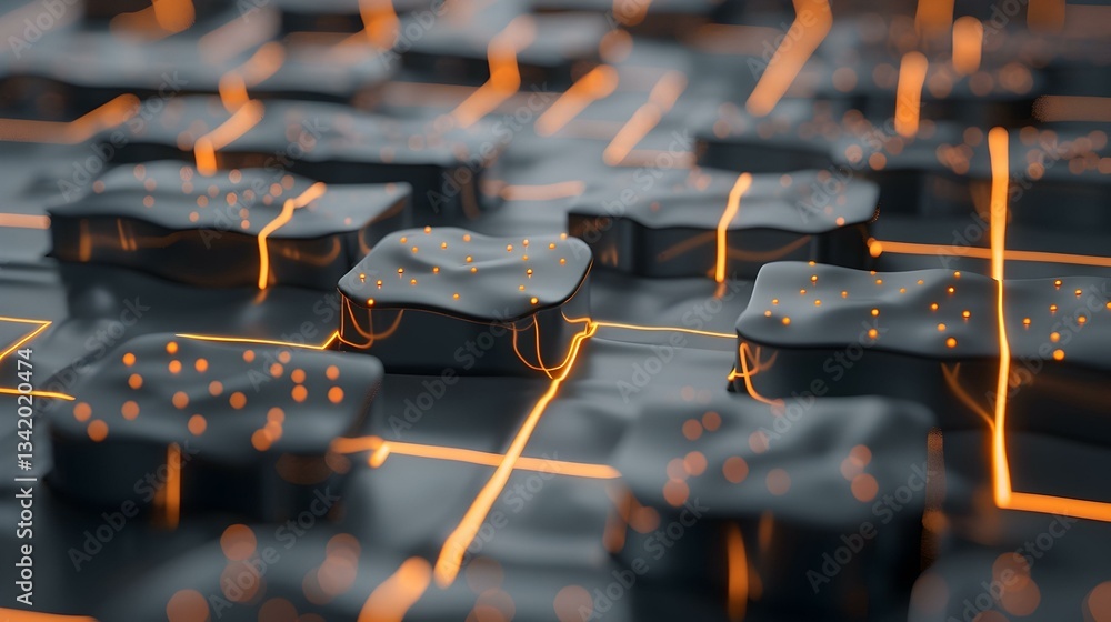 Poster abstract 3d render of glowing orange lines on a dark metallic surface with textured blocks. futurist