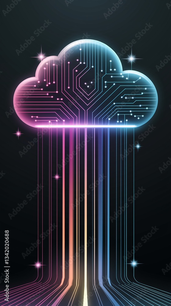 Aufkleber stylized cloud graphic with circuit board design, glowing lines stream downwards, suggesting data fl