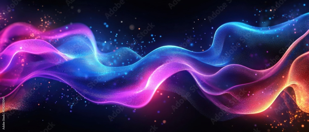 Aufkleber abstract flowing wave with vibrant neon gradient colors and sparkling particles on dark background c