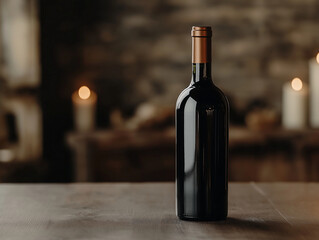 Elegant plain wine bottle on wooden table with candles glowing softly in the background
