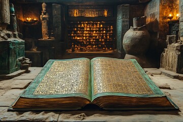 Open sacred writings the Egyptian Book of Thoth shines with golden hieroglyphs surrounded by sand and ancient statues in a dimly lit temple