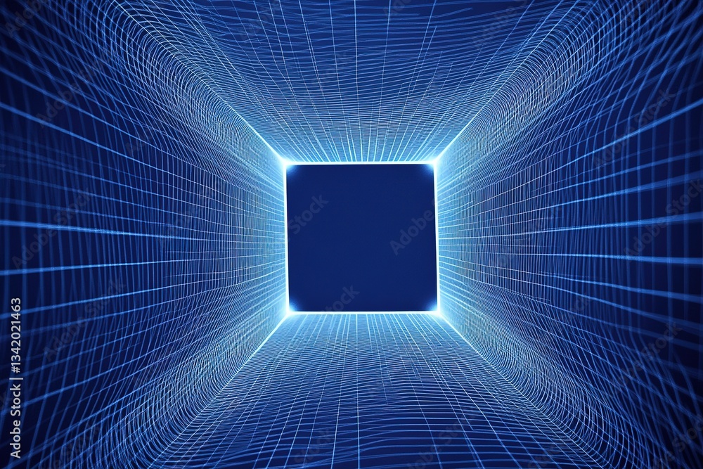 Fototapete Blue abstract grid tunnel perspective creating a futuristic and technological design
