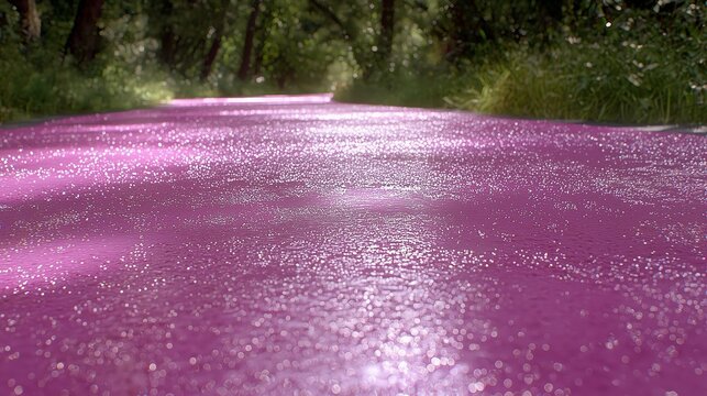 Pink Pathway in Forest: A vibrant, pink pathway stretches through a lush forest, leading the eye toward a verdant canopy of trees. The striking color adds a surreal touch to the natural setting. - Powered by Adobe