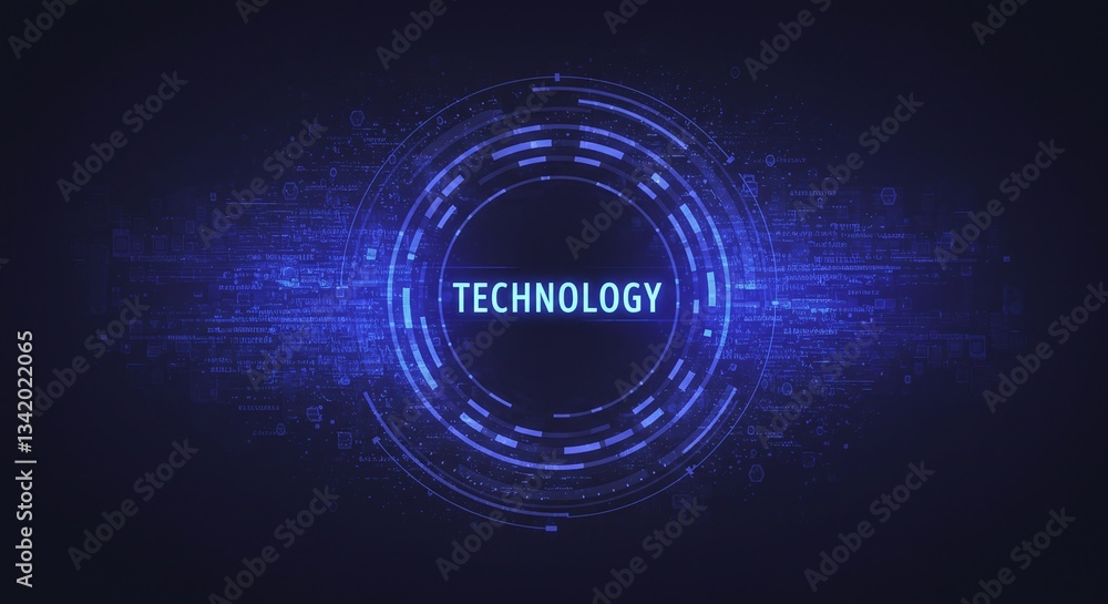 Poster cybernetic gateway: a glowing digital interface showcases the word 'technology' encircled by intrica