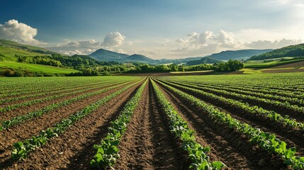 Lush Agricultural Field with Rows of Crops and Mountainous Background