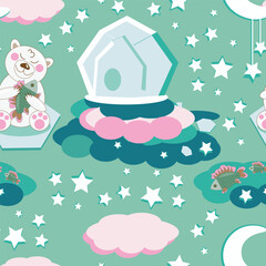 Seamless pattern polar bear cub under stars and moon with fish on green background - vector illustration for packaging design, fabric, wallpaper