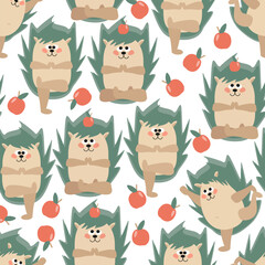 Seamless pattern funny cartoon sporty hedgehogs doing yoga with apples - vector background for fabric design, packaging, wallpaper