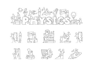 Fototapeta premium Science background with word Physics, lab and scientists. Concept of school education, experiments, research with doodle people with magnet, laboratory equipment, vector hand drawn illustration