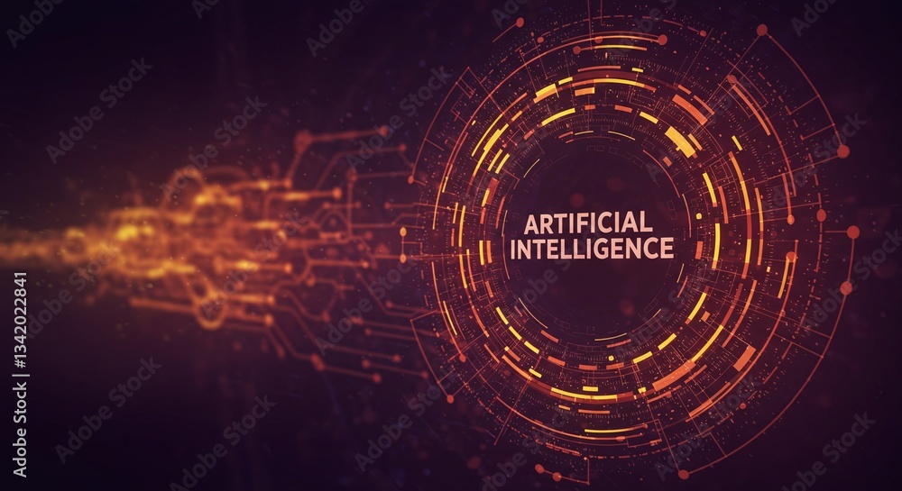 Poster digital intelligence: a stylized futuristic graphic of artificial intelligence, depicting interconne