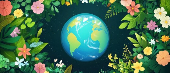 Cartoon Earth globe surrounded by lush foliage and colorful flowers on dark background Concept of environmental conservation, nature, and sustainability