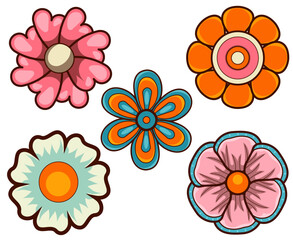 Psychedelic collection of five colorful flowers in various shapes and designs