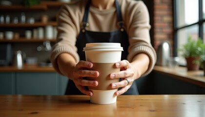 Detailed shot of hands exchanging paper takeaway coffee cup on rustic counter