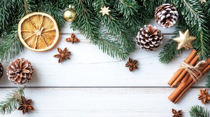 Christmas background with fir branches, dried orange slices, pine cones, star ornament, cinnamon sticks, and star anise on a white wooden surface. Perfect for holiday cards, banners, or winter-themed