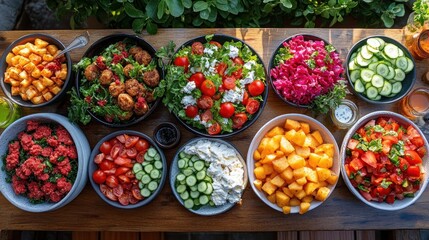 Fototapeta premium Vibrant array of healthy salads, roasted vegetables, and falafel