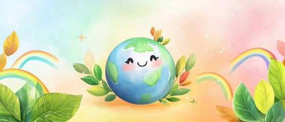 Cute Earth globe cartoon character with rainbow and leaves on colorful background Concept of ecology, environment, earth day, and nature
