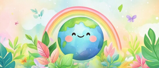 Fototapeta premium Cute Earth illustration with rainbow and floral elements in pastel colors Concept of environmental awareness, nature, and happy planet