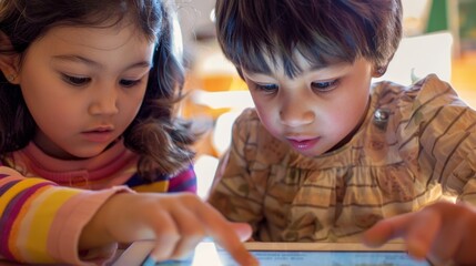 Two children engaged in educational activity on tablet with soft natural lighting