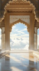 Floating Indian Wedding Terrace, Royal Palace Courtyard Extending to the Sky, Gentle Holi Powder Traces. Background Frame. Copy space. Generative AI