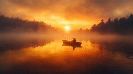 Fototapeta premium Solitary Fisherman at Sunrise: A Misty Lake Embrace