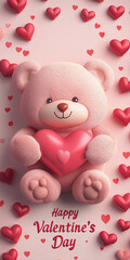 3D illustration of a pink heart with a teddy bear