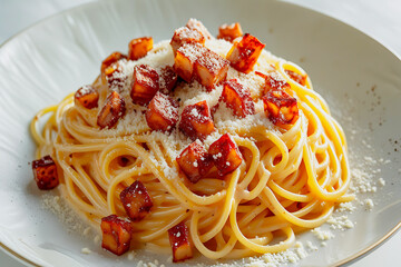 Authentic Spaghetti Carbonara Creamy Sauce, Crispy Guanciale and Pecorino Cheese