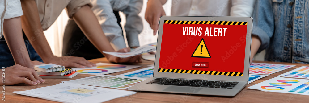 Poster Virus warning alert on computer screen detected brisk cyber threat , hacker, computer virus and malware