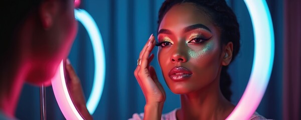 Young woman with dark skin does makeup looking in lighted mirror. Beautiful face with colorful eyeshadow, lip gloss, ring. Attractive model applies cosmetics in beauty studio, prepares for event.