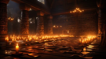 Naklejka premium Ancient wisdom revealed sacred egyptian texts hieroglyphic writings glowing surrounded mystical energy in a dark temple