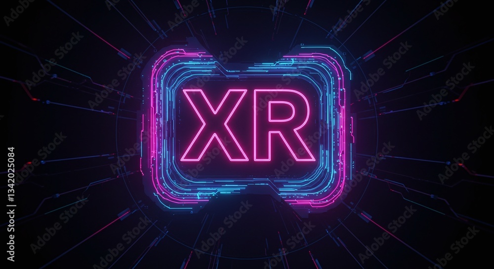 Poster xr in a neon glow: the letters xr, signifying extended reality, pulsate with a vibrant neon glow wit