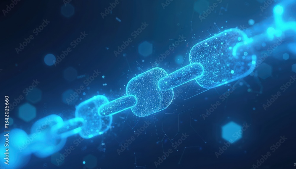 Poster Blue abstract background features chain of connected links. Linear pattern represents digital network, data security, cyberspace, modern connection. Interconnected links symbolize tech, innovation,