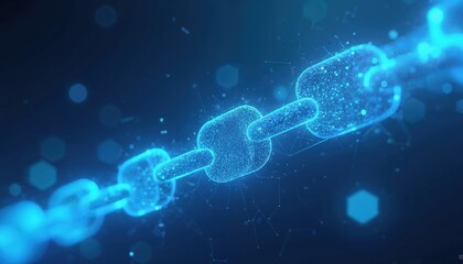 Obraz premium Blue abstract background features chain of connected links. Linear pattern represents digital network, data security, cyberspace, modern connection. Interconnected links symbolize tech, innovation,